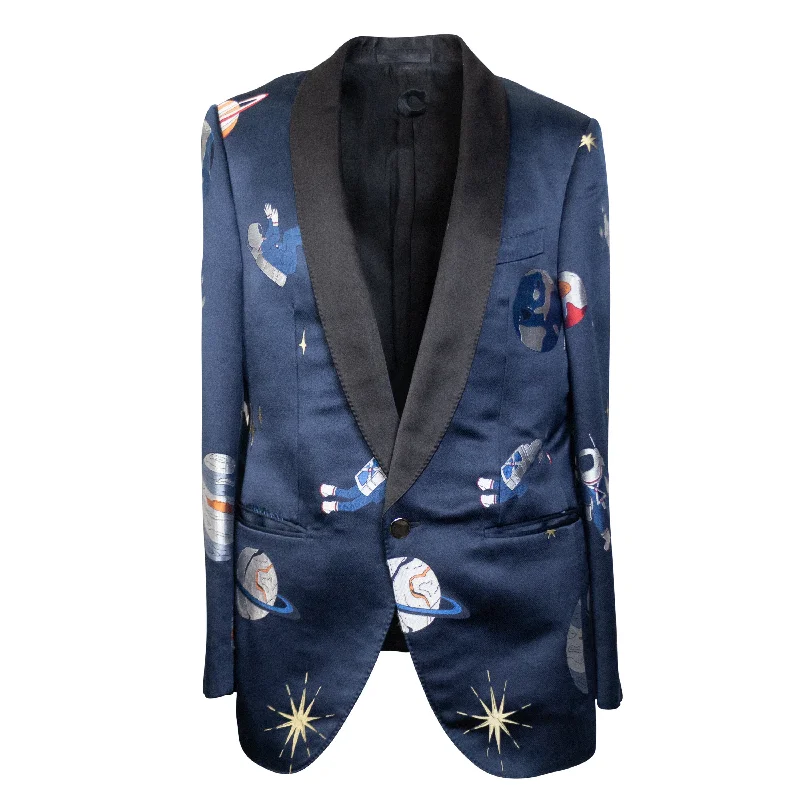 Caruso Silk Space Print Single Breasted Blazer - Navy