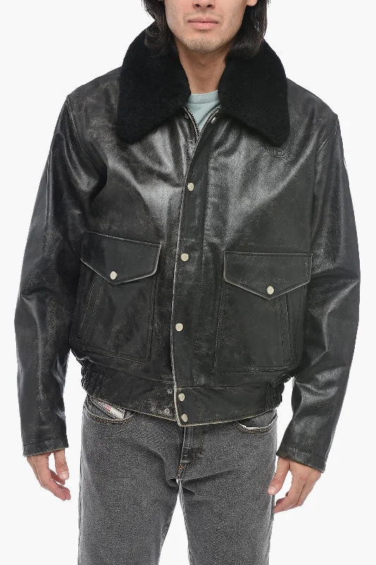 Diesel Craquelé Leather L-MUDS Jacket with Fur Collar