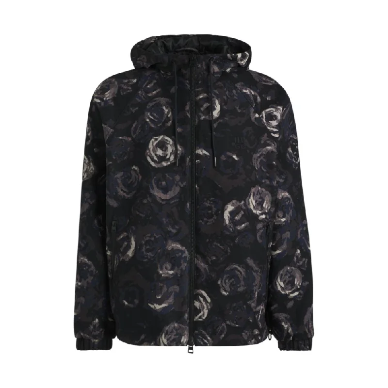 Hooded jacket with gothic-rose floral jacquard