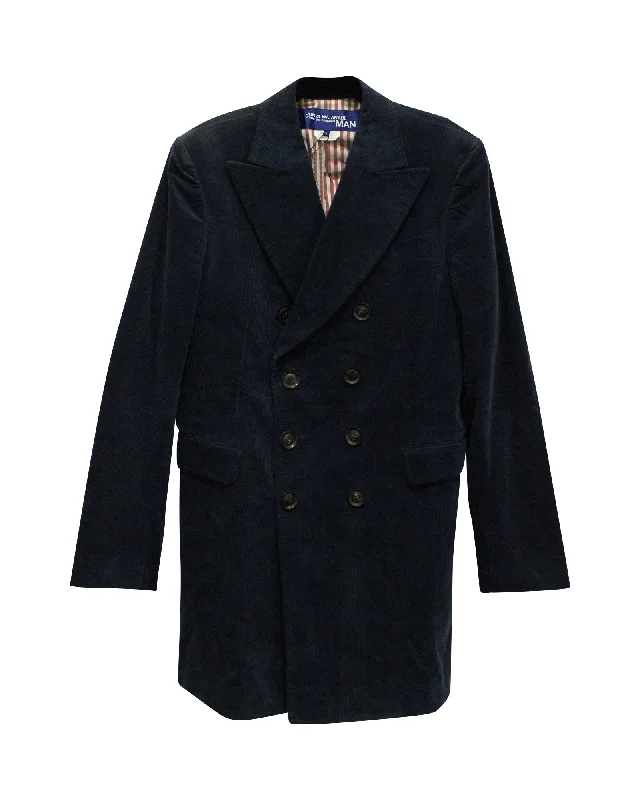 Junya Watanabe Man Double Breasted Coat in Navy Blue Cotton Corduroy