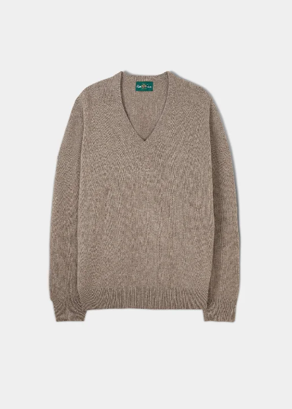 Men's Lambswool Vee Neck Jumper in Linen - Classic Fit