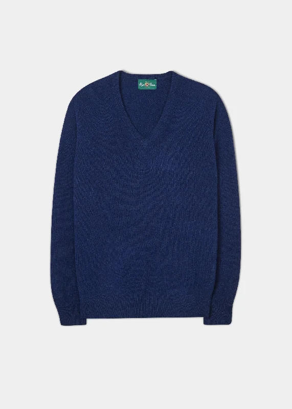 Men's Lambswool Vee Neck Jumper in Pacific - Classic Fit