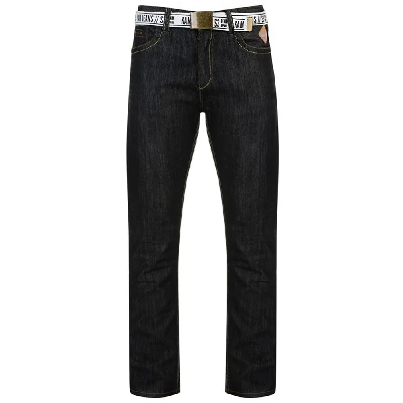 KAM K-Carlos Black Indigo Belted Slim Mens Jeans