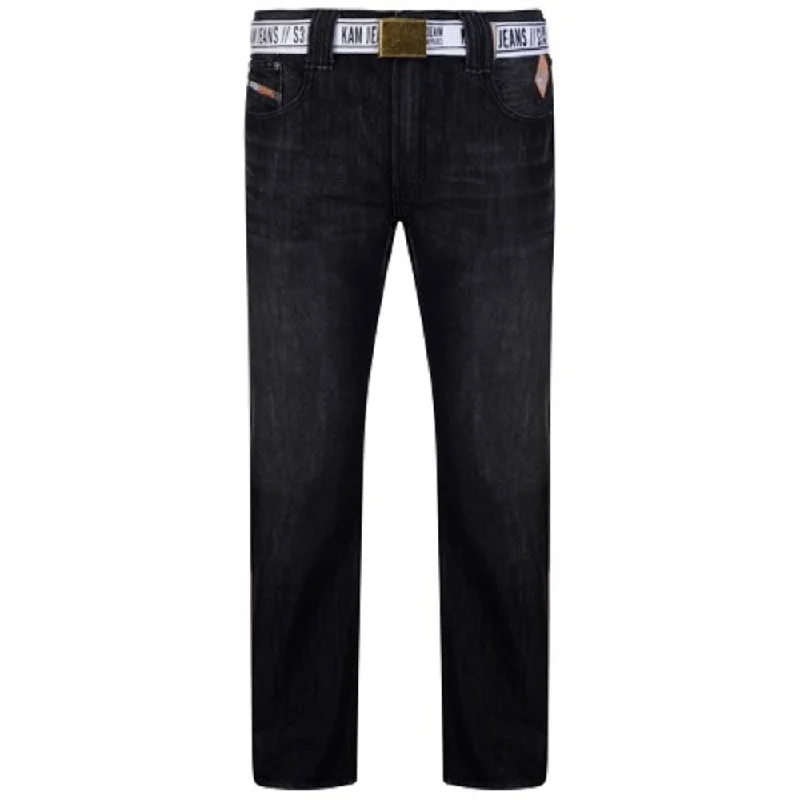 KAM Mens Regular Fit Black Used Belted Jeans (Carter)