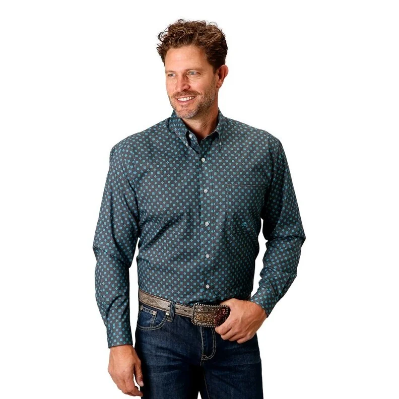 Roper Western Shirt Mens L/S Print Button Gray 03-001-0326-2018 GY