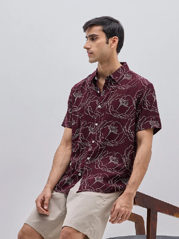 Ascot Wine Floral Design Relaxed-Fit Blended Linen Shirt