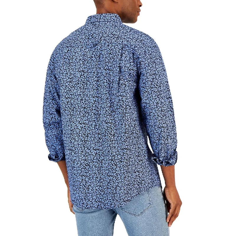 Club Room Men's Simple Floral Print Double Faced Woven Long Sleeve Shirt Blue Size Large