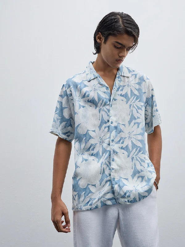 ETA Light Blue Floral Print Relaxed-Fit Shirt