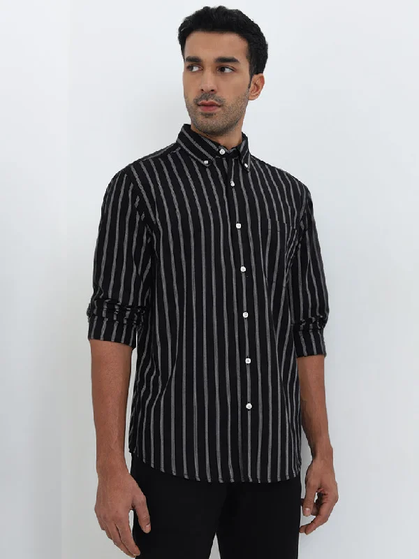 WES Casuals Black Striped Relaxed-Fit Cotton Shirt