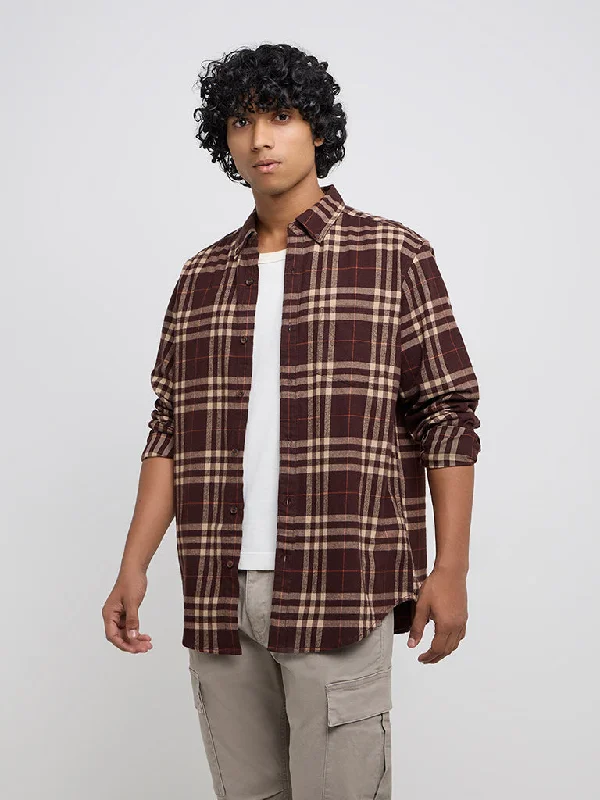 WES Casuals Brown Checkered Relaxed-Fit Cotton Shirt