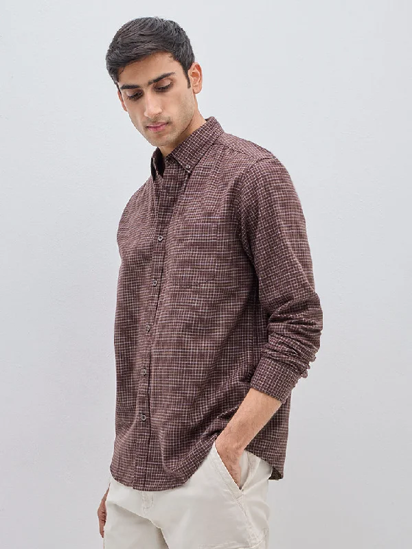 WES Casuals Brown Checks Design Relaxed-Fit Cotton Shirt