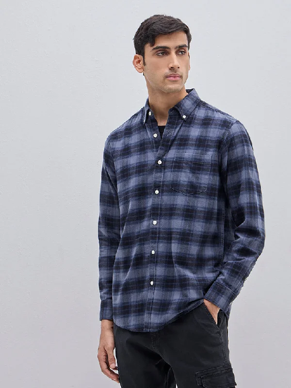 WES Casuals Dark Blue Checkered Relaxed-Fit Cotton Shirt