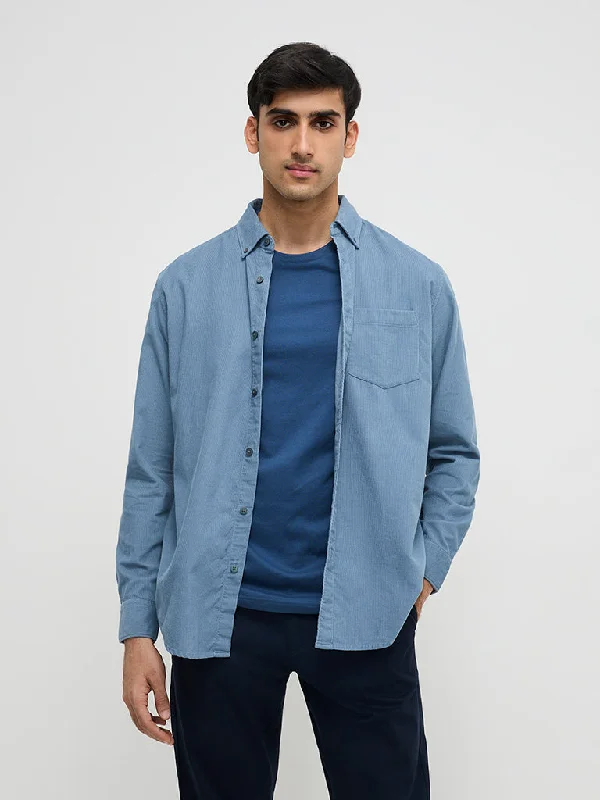 WES Casuals Dusty Blue Corduroy Relaxed-Fit Cotton Shirt