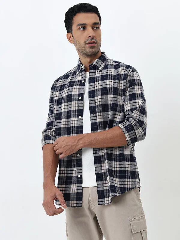 WES Casuals Navy Checkered Print Relaxed-Fit Cotton Shirt