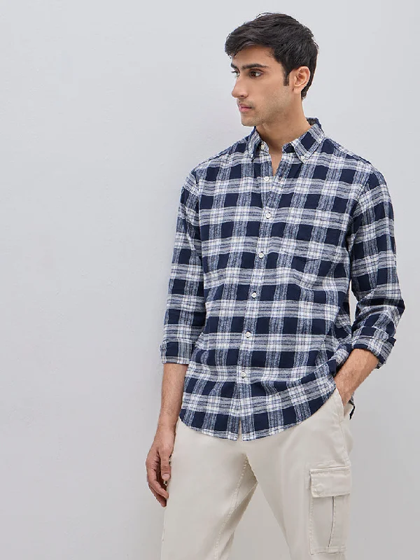 WES Casuals Navy Checkered Relaxed-Fit Cotton Shirt