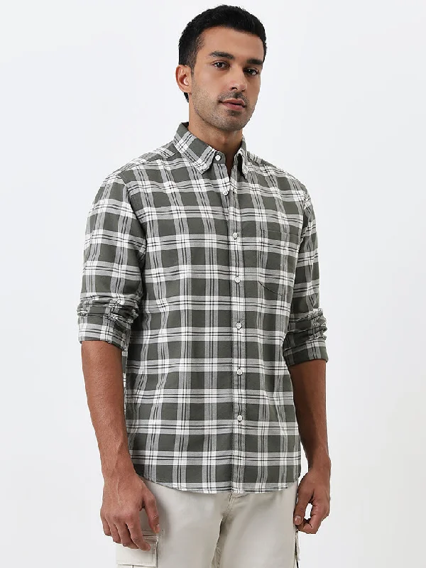 WES Casuals Olive Checks Printed Relaxed-Fit Cotton Shirt