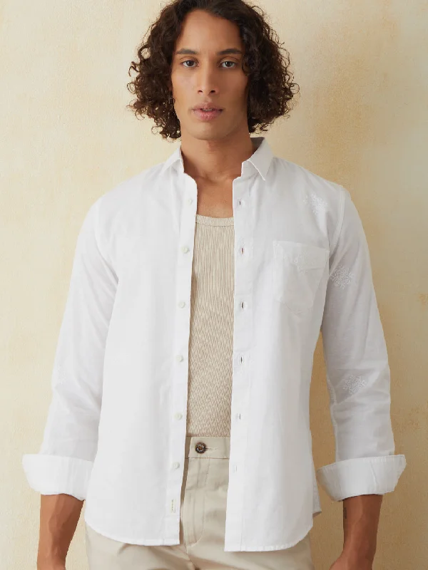 White Embroidered Plain Casual Shirt