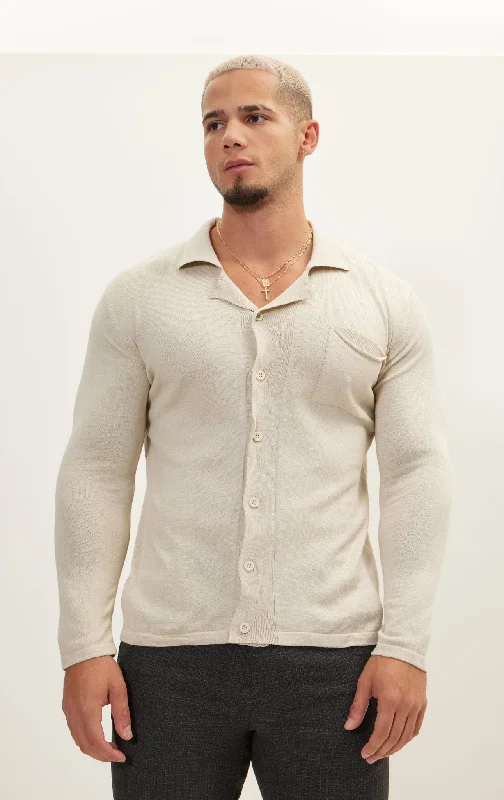 Long Sleeve Knit Button Down - Stone