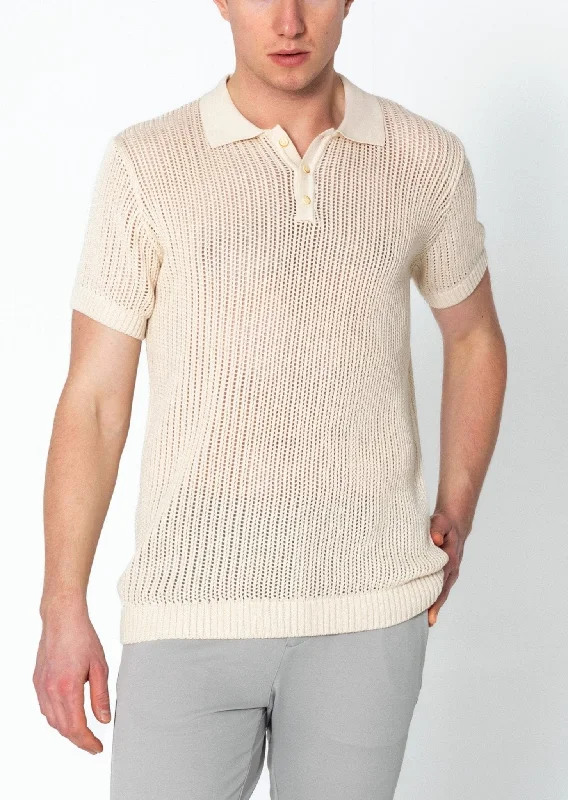 Openwork Knit Polo Tee - Beige