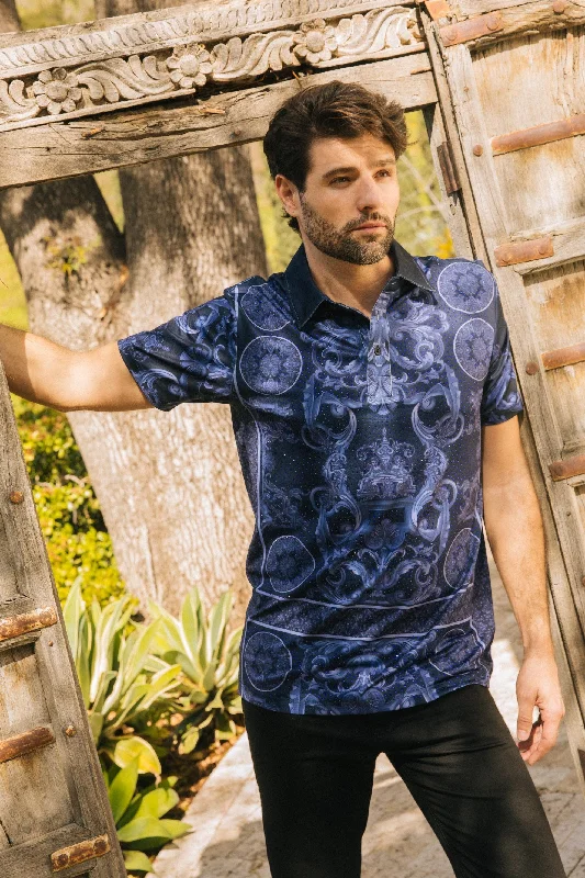 Mens Modern Fit Stretch Baroque Print Polo with Rhinestones