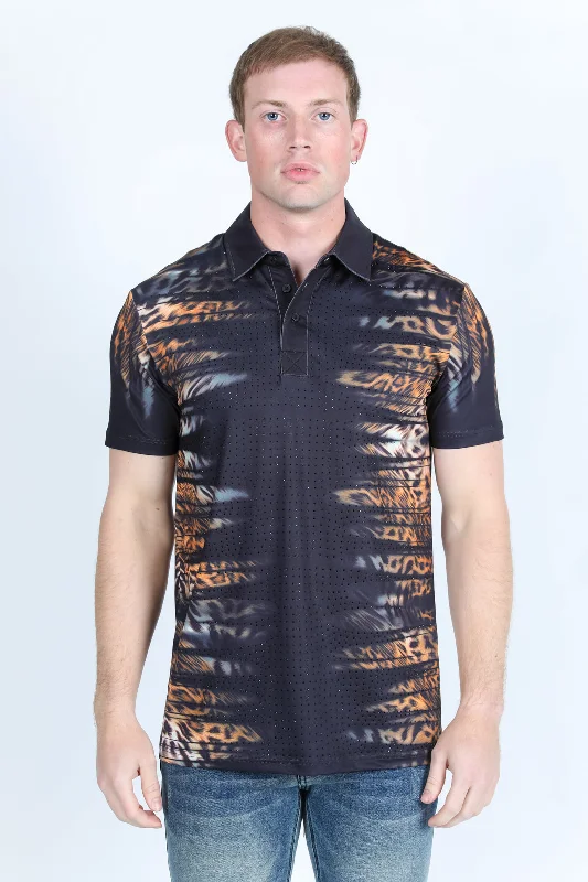 Mens Modern Fit Stretch Baroque Print Polo with Rhinestones