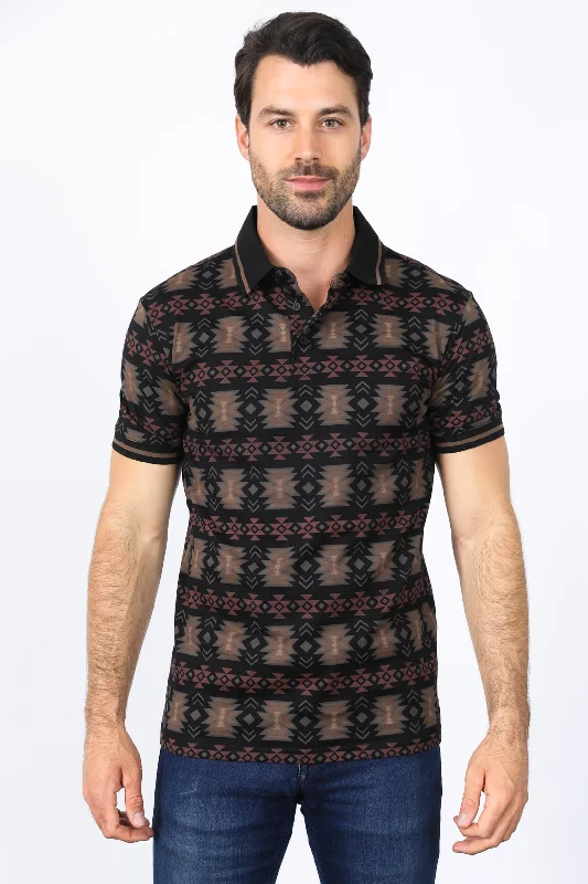 Mens Modern Fit Stretch Cotton Polo with Aztec Print