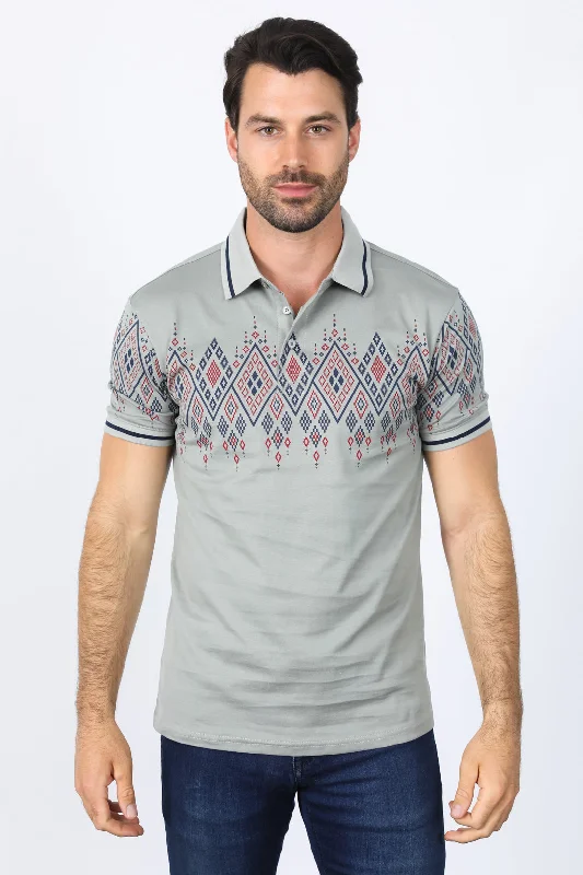 Mens Modern Fit Stretch Cotton Polo with Aztec Print