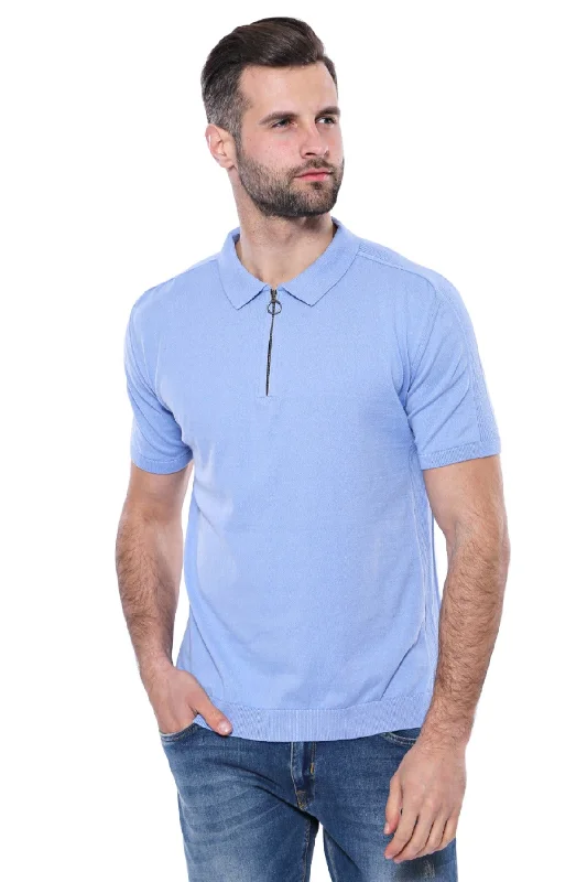 Polo Neck Plain Sky Blue Knitted T-Shirt - Wessi