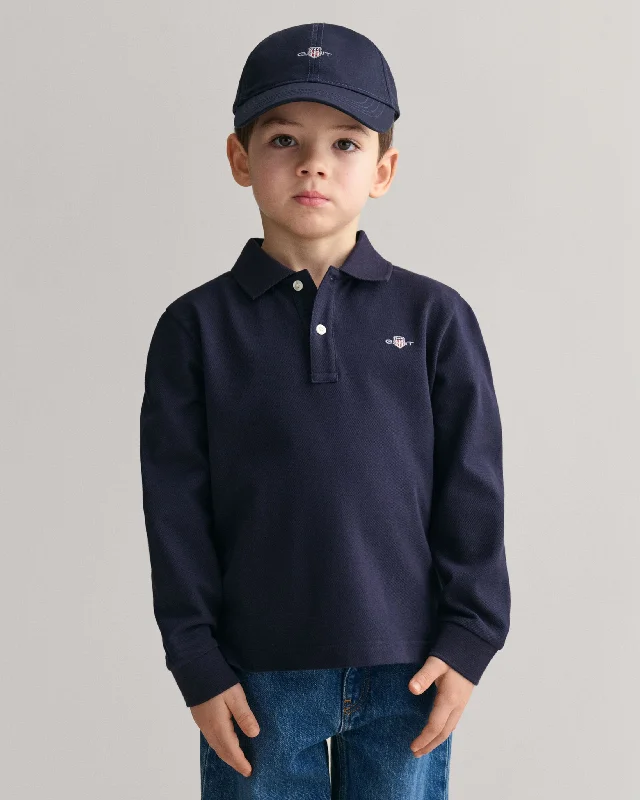 Shield Long Sleeve Piqué Polo in Navy