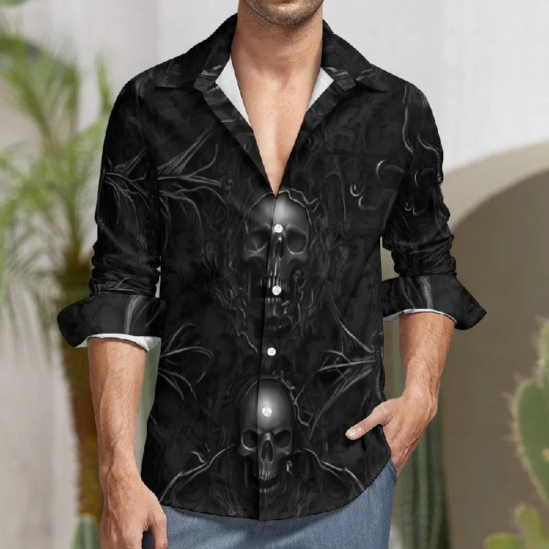 Men's Black Skull 👨💀👔 Casual One Pocket Long Sleeve Shirt