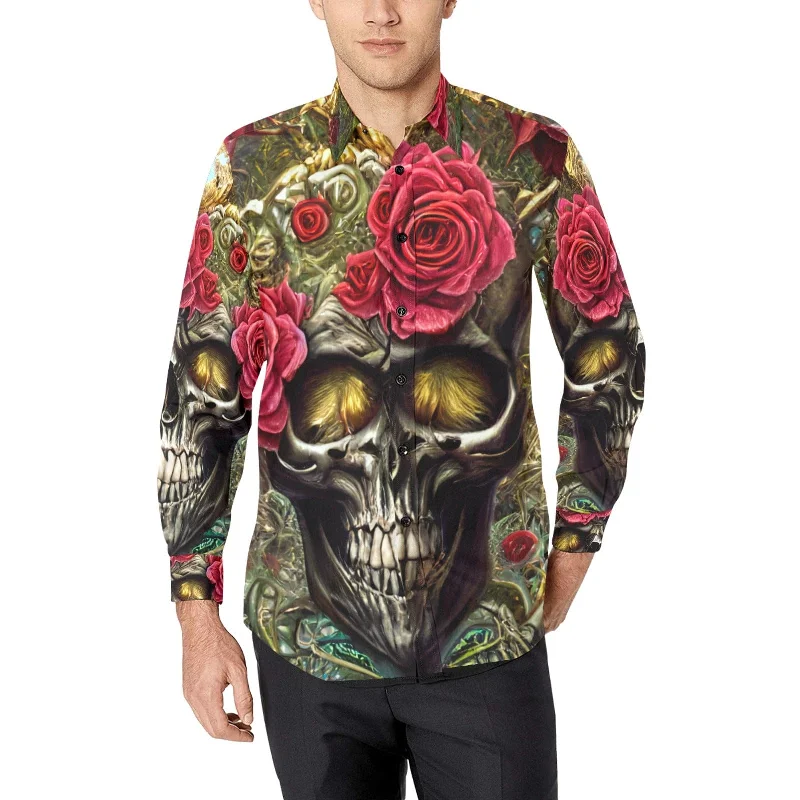 Men's Skull Red Floral Long Sleeve Shirt