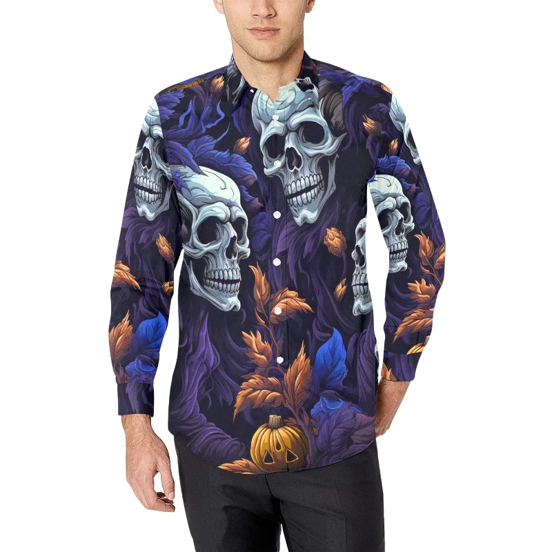 Men's Skulls Blue Long Sleeve Dress Shirt