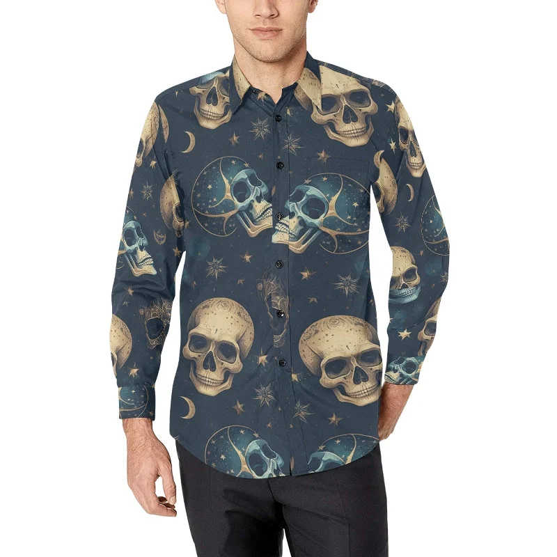 Men's Skulls On Black Long Sleeve Dress Shirt