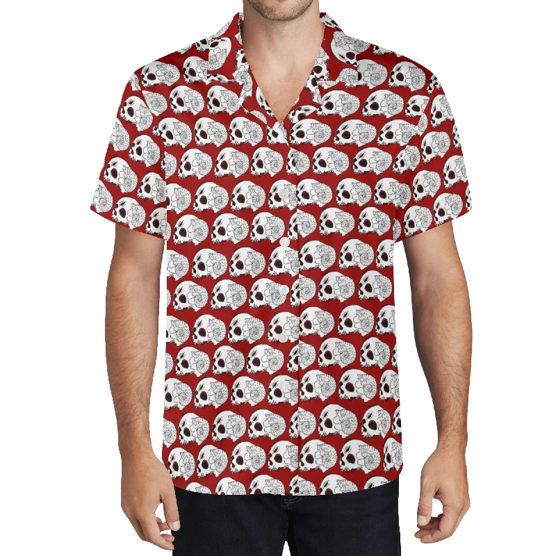 Men's White Skulls Red Hawaiian Casual Shirt