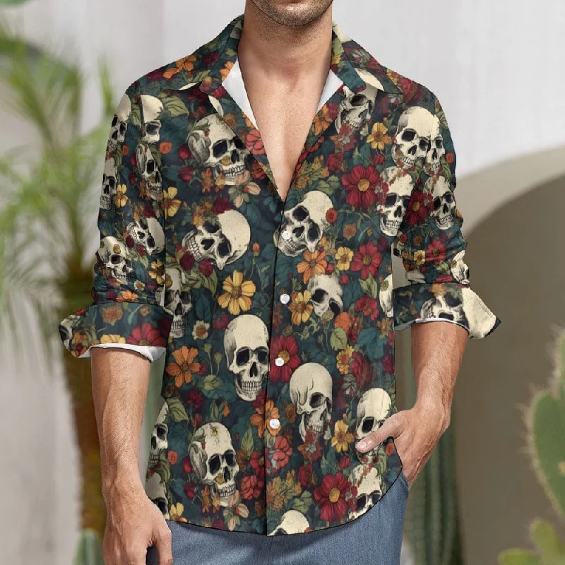 Skulls & Flowers Casual One Pocket Long Sleeve Shirt