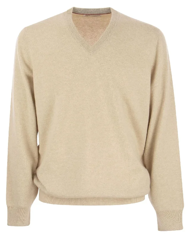 Brunello Cucinelli Mens Cashmere V Neck Sweater in Beige