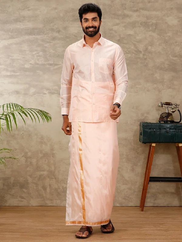 Men Art Silk Coral Pink Shirt & Dhoti Set Swayamvara