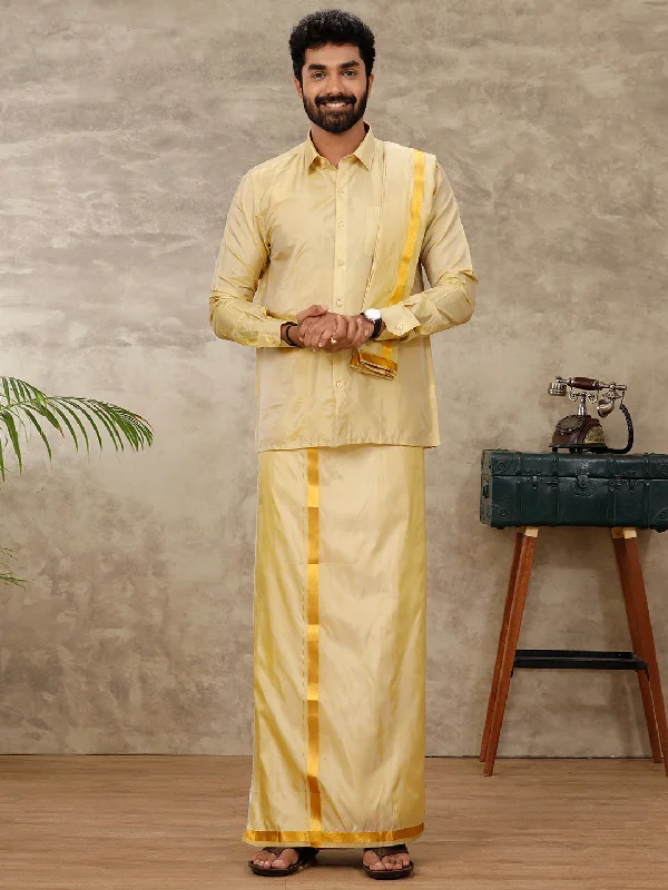 Men Art Silk Gold Shirt & Dhoti Towel Set Swayamvara