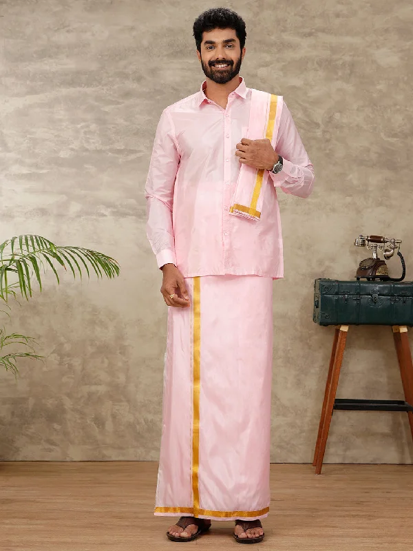 Men Art Silk Pink Shirt & Dhoti Towel Set Swayamvara