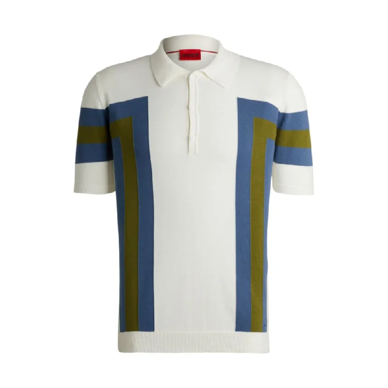 Short-sleeved knit polo in cotton with block stripes