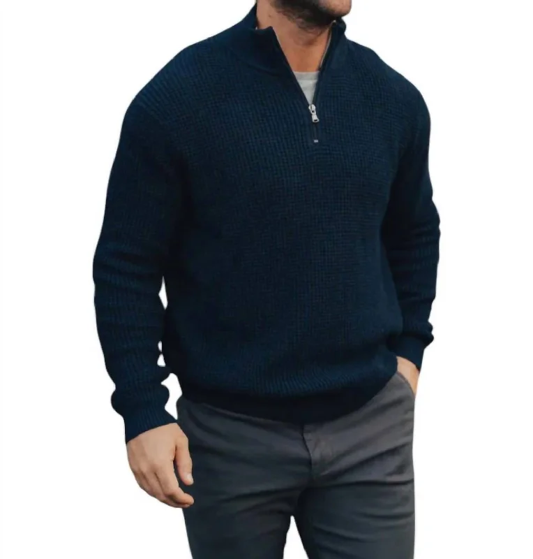 Waffle Knit Quarter Zip Sweater In Navy