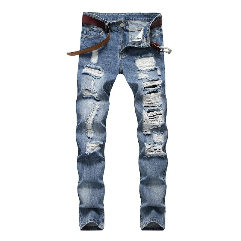 YFFUSHI Men's Ripped Distressed Destroyed Slim Fit Straight Leg Fold Denim Jeans Blue