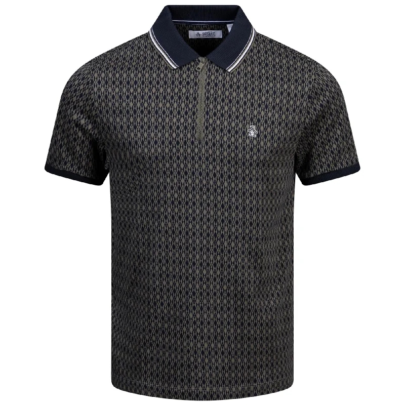 All Over Argyle Print Quarter Zip Polo Dusty Olive - AW24