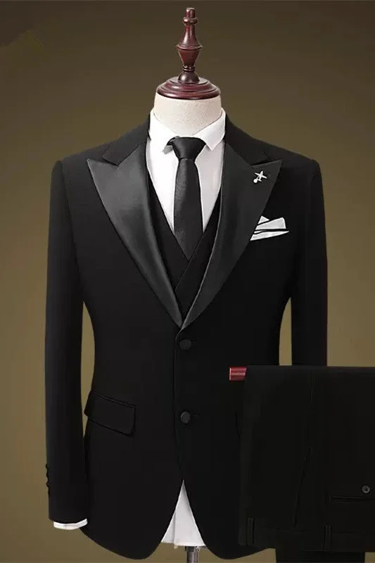 Black Peaked Lapel Three Pieces Business Suits Groomsmen Suits Slim Fit Blazer Vest Pants