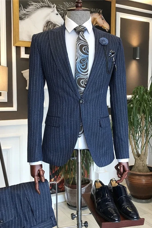 Charming Navy Blue Peaked Lapel Striped Business Suits One Button Wedding Suits for Men