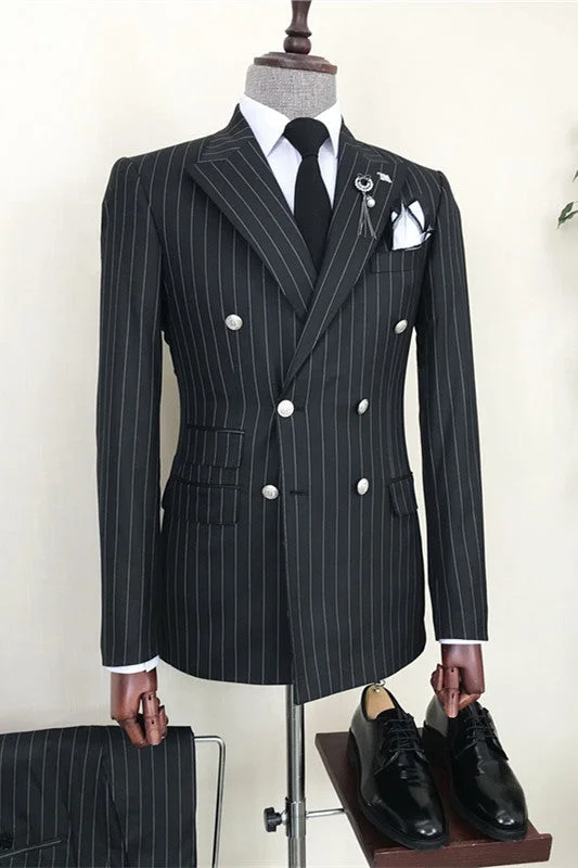 Chic Black Peaked Lapel Striped Business Suits Double Breasted Groomen Suits