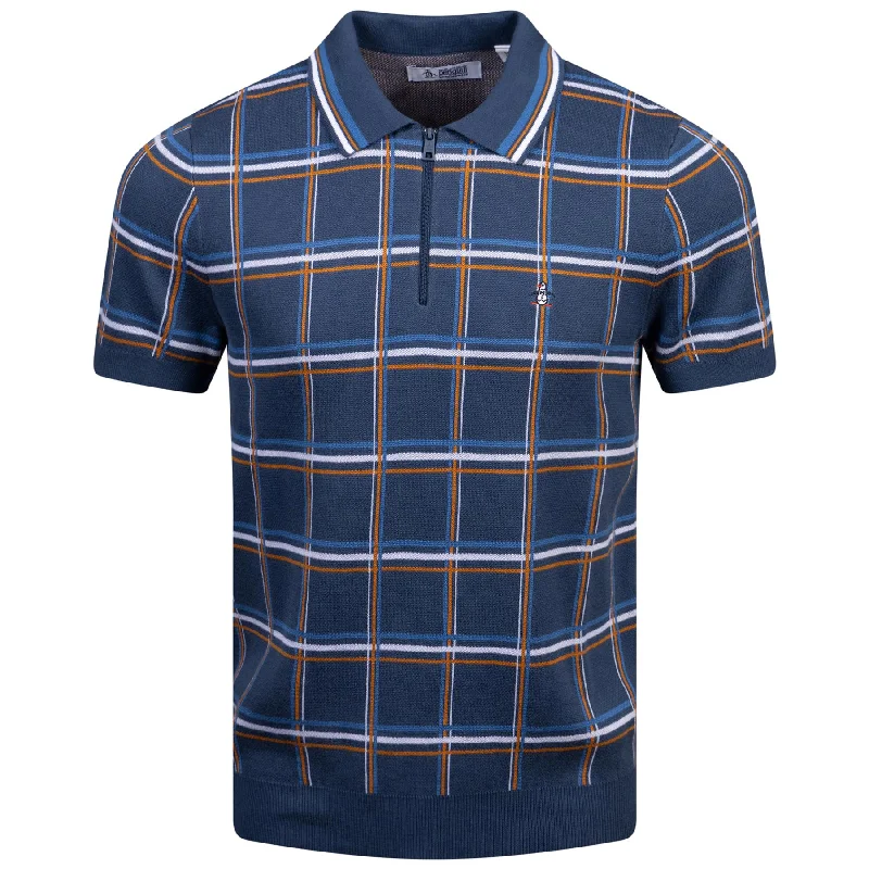 Cotton Plaid Print Quarter Zip Polo Sargasso Sea - AW24