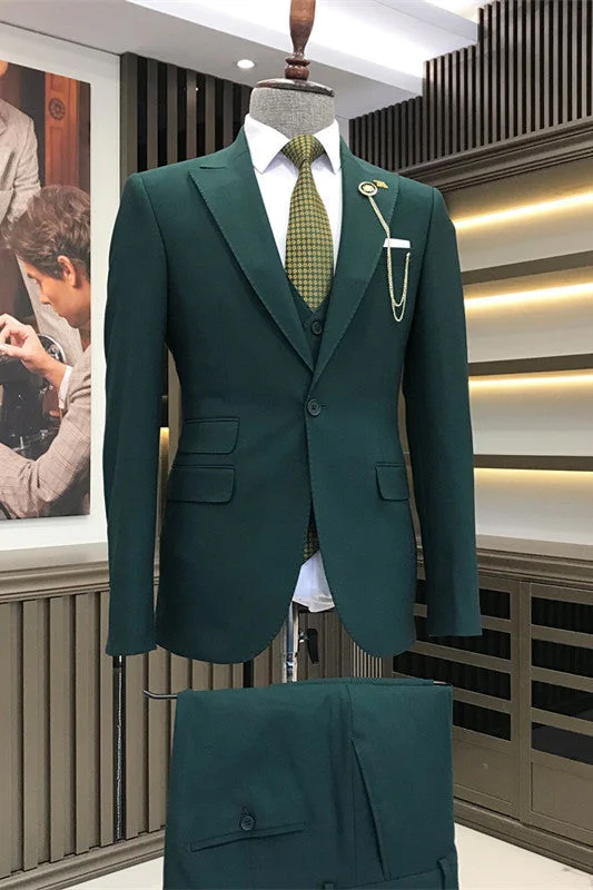 Dark Green Peaked Lapel Three Pieces Business Suits One Button Wedding Suits