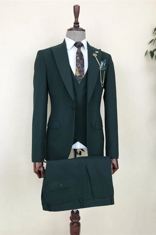 Dark Green Three Pieces Peaked Lapel Business Suits Formal Wedding Groom Suits