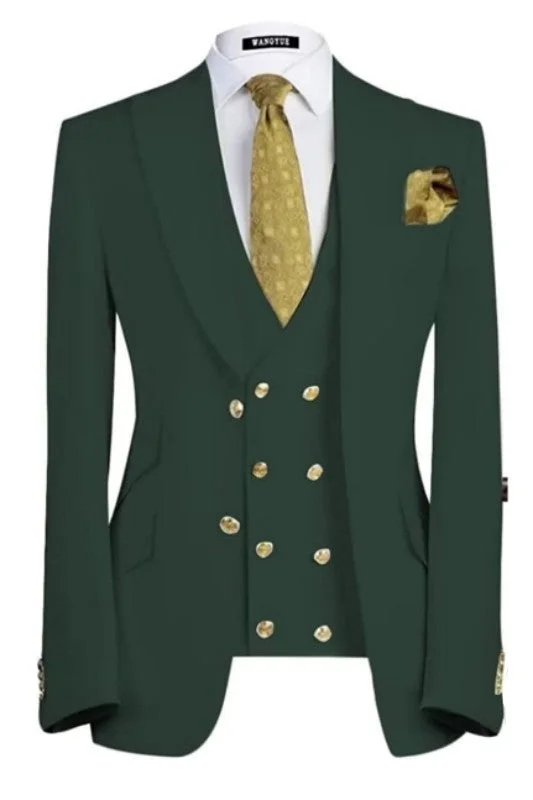 Dark Green Three Pieces Peaked Lapel Slim Fit Business Suits Wedding Groom Suits